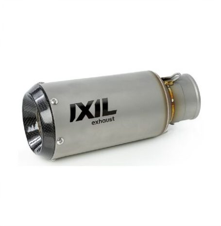 IXIL RC Motorrad-Endtopf aus gebürstetem Edelstahl mit markantem Gitter am Auslass.
