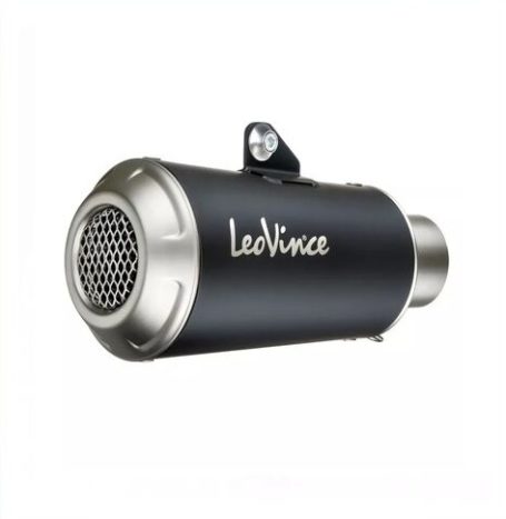 LeoVince LV-10 Black Edition: Kompakter Endschalldämpfer aus Edelstahl mit mattschwarzem Finish und gelasertem Logo.